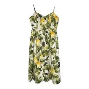 H&M Linen Lemon Print Euro Summer Midi Dress Medium Strappy Spring Sundress